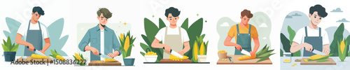 vector of young man cutting corn
