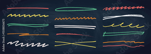 Underline stroke chalk scribbles doodle line collection on chalkboard. Hand drawn outline sketch wave brush mark elements crosshatch rough dividers set for text highlight underline emphasis