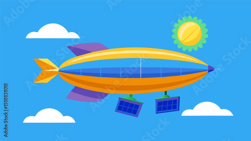 A brightly colored airship glides through the air its solarpowered engines silently propelling it towards a designated delivery destination.. Vector illustration