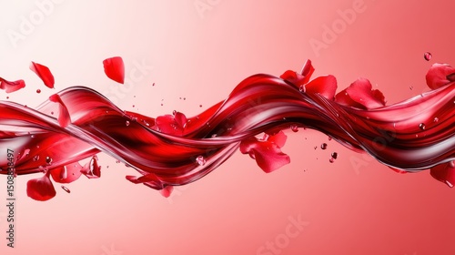A captivating visual of a swirling red liquid entwined with delicate rose petals, creating a romantic and passionate atmosphere that engages the senses invitingly.