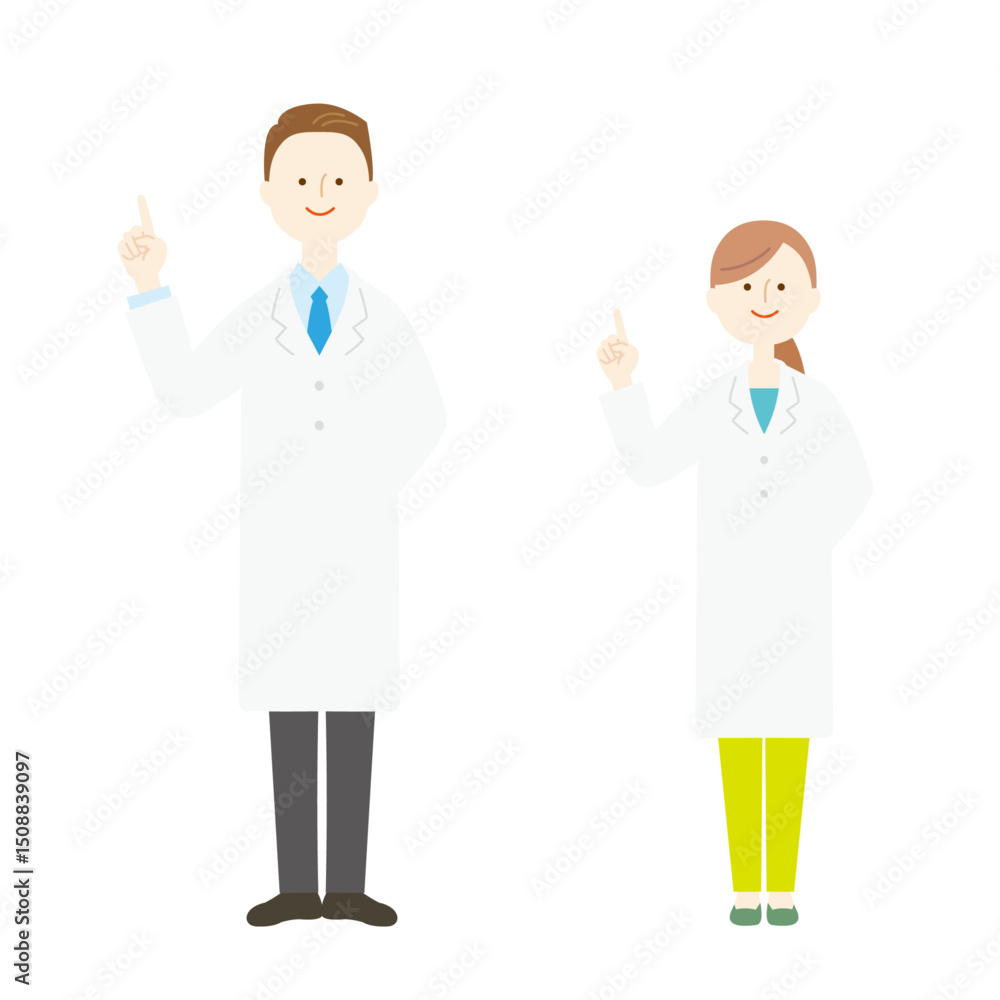 白衣の男女のイラスト 指差し 白衣の男女のイラスト 指差し