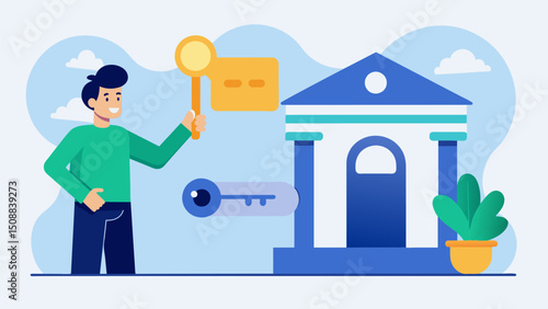 A customer using a secure key or token provided by the bank to validate their identity before conducting sensitive transactions.. Vector illustration