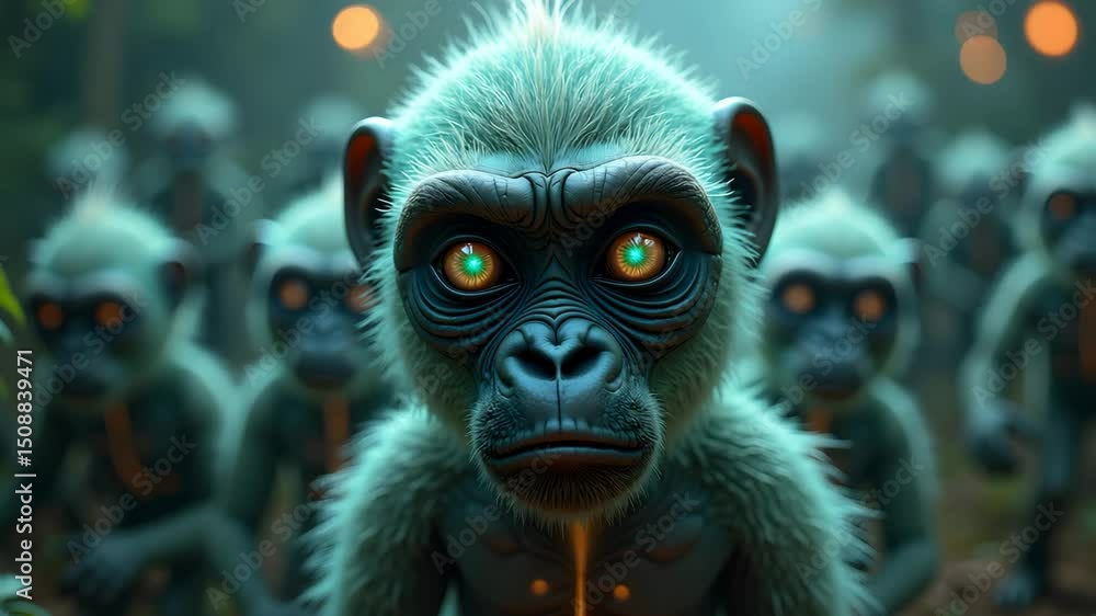 Close-up of blue futuristic monkey staring intensely Close-up of blue futuristic monkey staring intensely