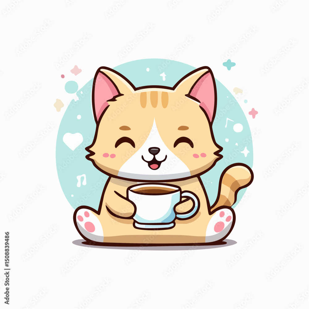 Kawaii Cat Sitting and Drinking Coffee with a Cozy Expression Kawaii Cat Sitting and Drinking Coffee with a Cozy Expression