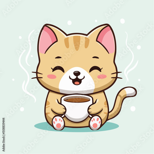 Kawaii Cat Sitting and Drinking Coffee with a Cozy Expression