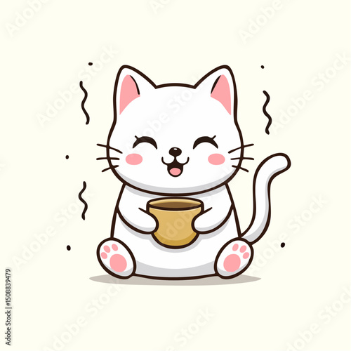 Kawaii Cat Sitting and Drinking Coffee with a Cozy Expression