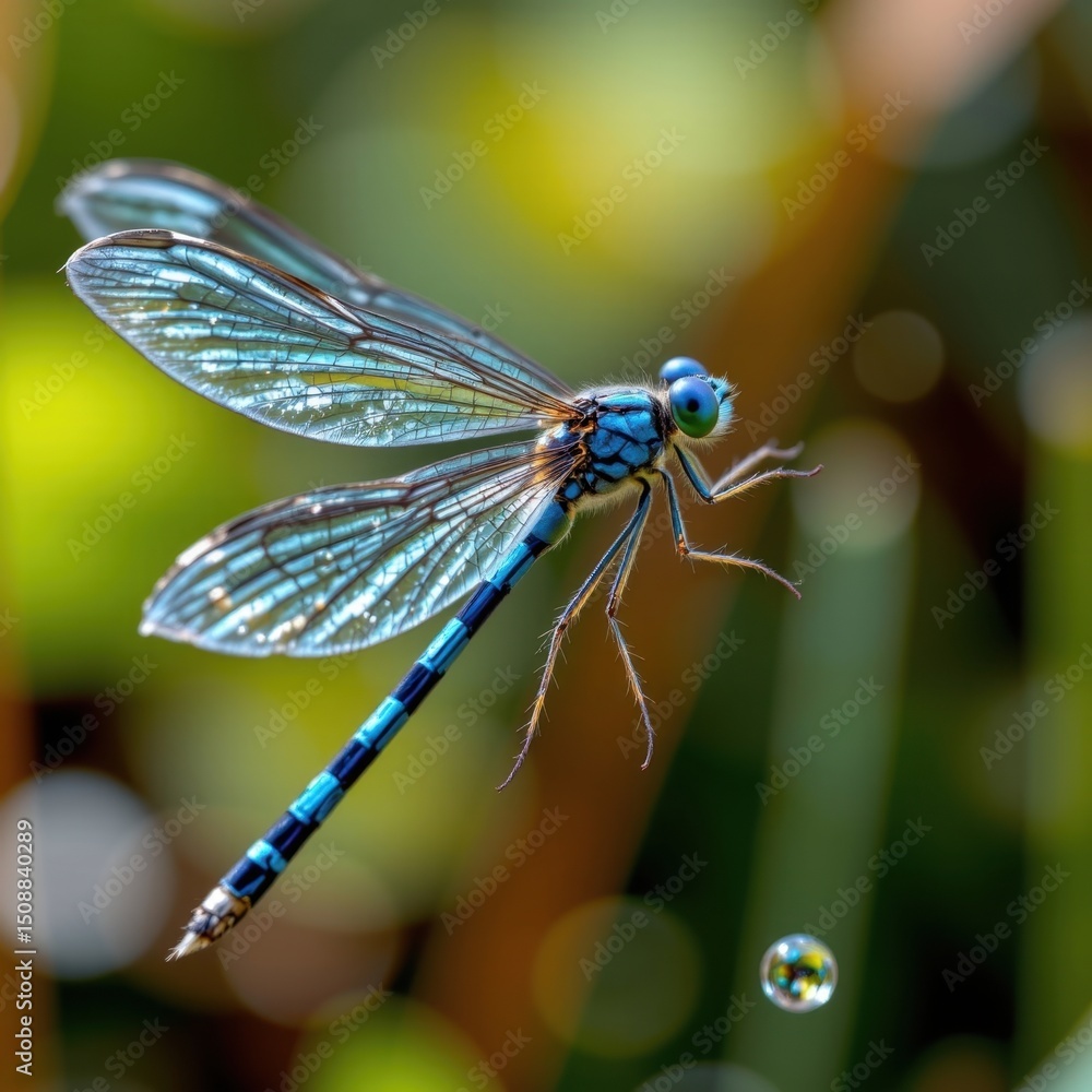Close-up of a vibrant blue dragonfly perched on a plant with detailed wings and bright colors in natural sunlight, showcasing intricate wing patterns and delicate legs Close-up of a vibrant blue dragonfly perched on a plant with detailed wings and bright colors in natural sunlight, showcasing intricate wing patterns and delicate legs
