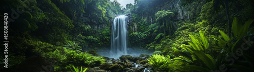 Majestic tropical waterfall cascades into lush green jungle, surrounded by vibrant foliage, mossy rocks, and misty air, creating serene and enchanting natural paradise