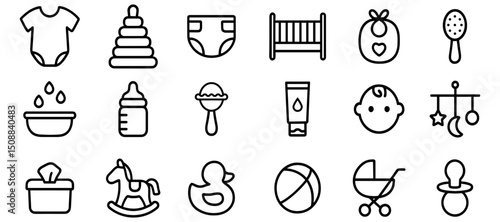 Delicate line art collection showcasing essential baby care items and nursery accessories