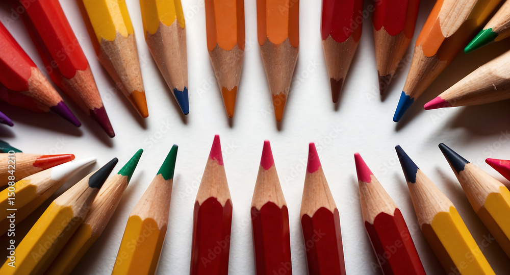 Naklejka premium Red Pencil Among Wooden Pencils Minimalist Symmetrical White Background