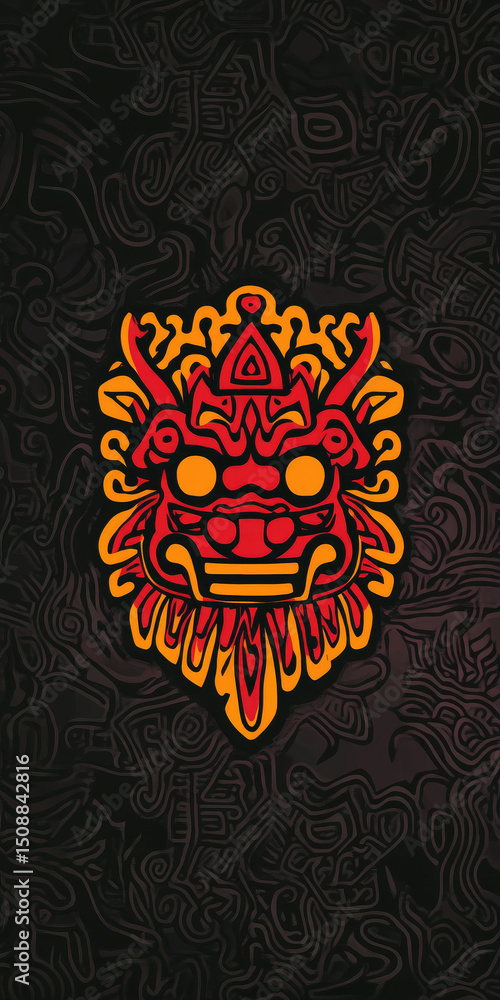 Fototapeta premium Vibrant red and gold traditional Balinese Barong mask with intricate flame patterns on dark ornate background