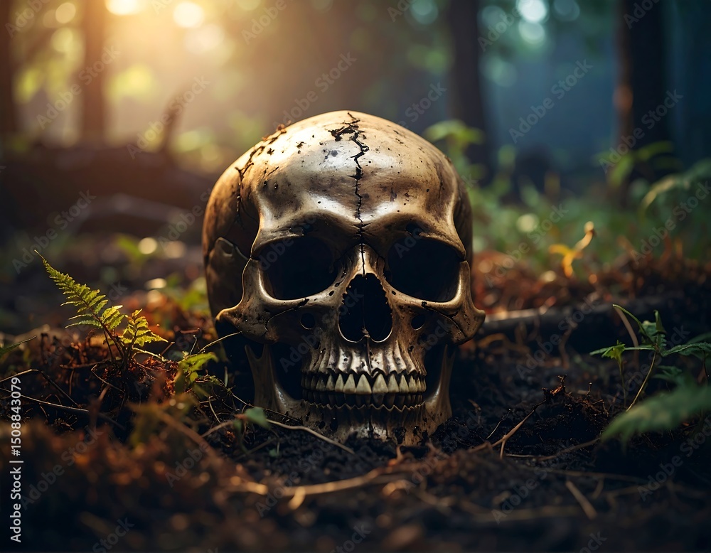 A human skull rests in the damp earth of a forest, backlit by a hazy, golden sunlight A human skull rests in the damp earth of a forest, backlit by a hazy, golden sunlight