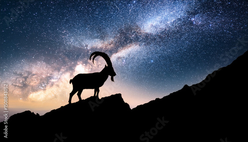 majestic ibex on mountain peak under cosmic night