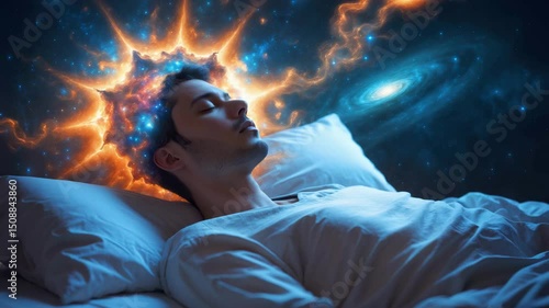 Man sleeping peacefully in bed with vibrant cosmic dream visuals of galaxies and energy flowing around head