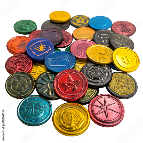 A colorful assortment of 1980s arcade game tokens, isolated on a pure white background, capturing the metallic sheen, sharp edges, and avoiding any softness.
