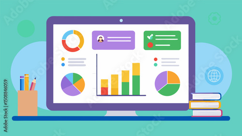 A customizable dashboard that allows teachers to monitor individual student progress as well as compare it with class averages and schoolwide data.. Vector illustration