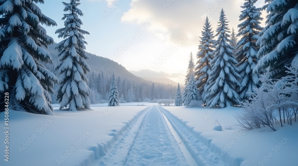 Serene winter landscape featuring a snow-covered road leading through a forest of pine trees. Ideal for travel, nature, or seasonal themes. Serene winter landscape featuring a snow-covered road leading through a forest of pine trees. Ideal for travel, nature, or seasonal themes.
