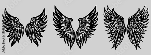 Feather wings in outline vector format. Black and white angel icon set for vintage, spiritual, or gothic design and artistic inspiration.

