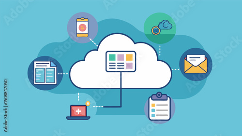 A cloudshaped graphic with different types of data such as patient history medication records and lab results all stored and accessible from one central location for streamlined. Vector illustration