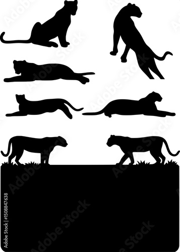 "Generate an artboard of wild feline silhouettes in various positions — running, lounging, pouncing — maintaining equal spacing and visual harmony in a modern, minimal style."