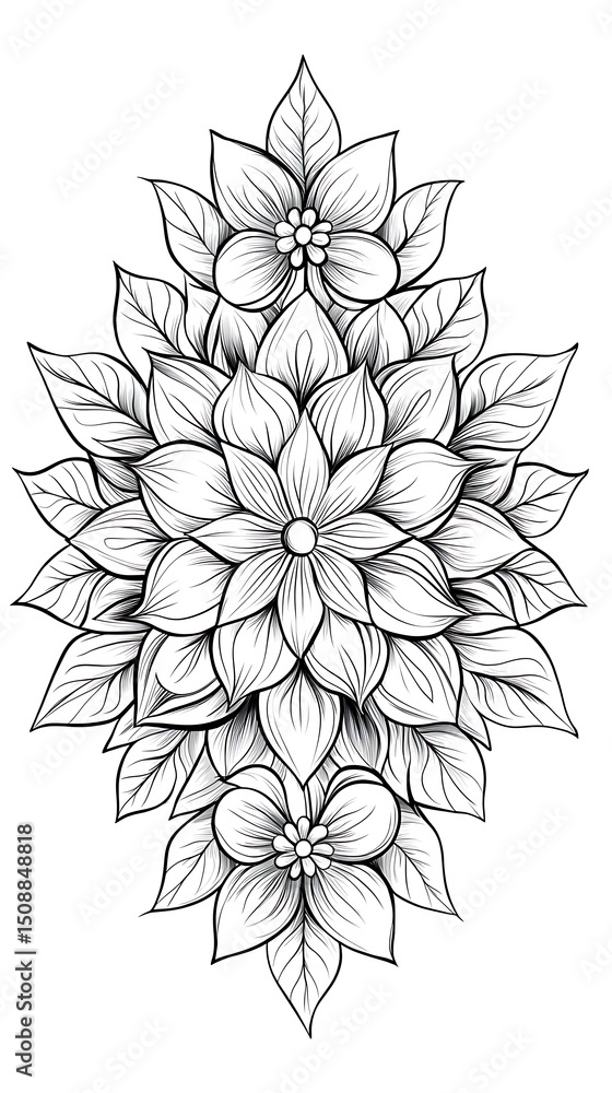 Fototapeta premium Intricate flower sketch bouquet black white line art floral arrangement decorative botanical illustration vintage design