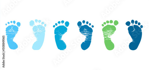 Baby footprint imprint blue green isolated white background cute newborn symbol childhood. row of colorful baby footprints evokes innocence and joy