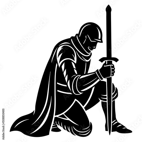 Kneeling Superhero with Sword Silhouette