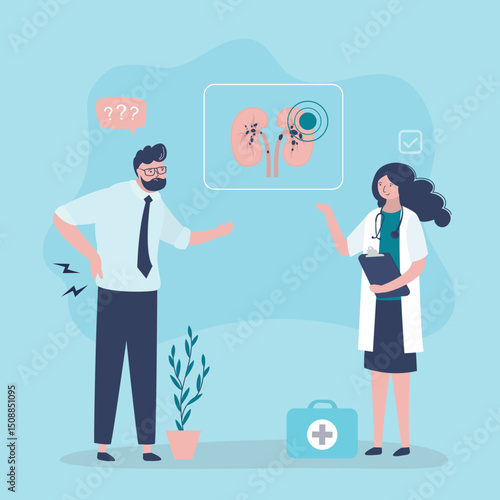 Unhappy man have kidney pain on back and talking with doctor nephrologist. Kidney pain can be caused by stones. Medical concept of diseased urinary system. Kidney infection,