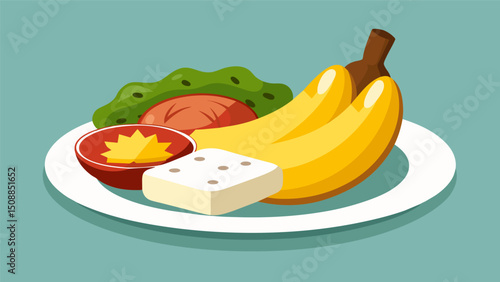 A classic dish rooted in Dominican culture consisting of boiled plantains fried salami and a side of queso frito.. Vector illustration