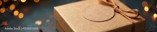 Round sticker on elegant gift box, kraft paper texture, handmade, label design, kraft