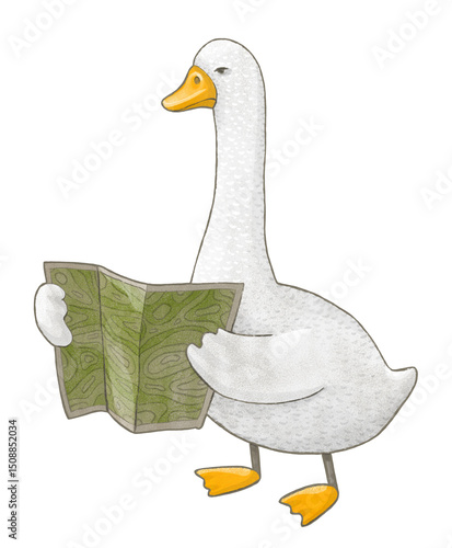 Cartoon goose holding a map and looking serious, travel-themed animal character isolated on white background