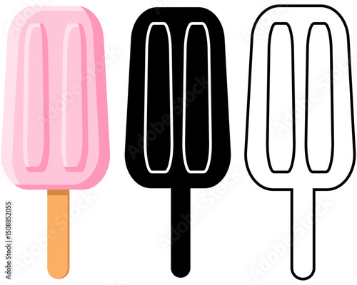 Ice lolly or popsicle in colour, silhouette and outline versions