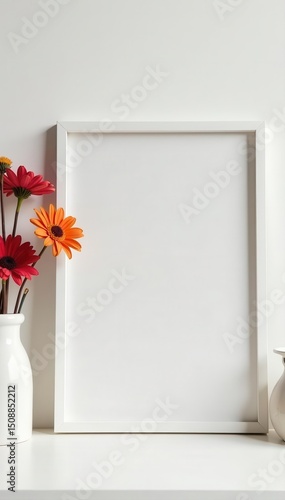 White frame mockup, minimalist room, dried flowers , decor, surface