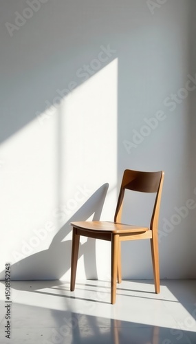 Solitary chair, elongated shadow on stark white wall Light and shadow interplay , perspective, abstract, simple