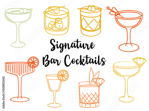 Hand drawn signature bar cocktail illustrations. Vector line art of summer refreshing alcoholic beverages. Doodle style cocktail glasses for bar, menu, and party design.