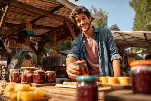 Smiling caucasian young male selling jars of preserves at outdoor market stand