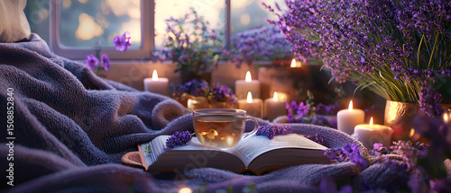 Warm scene with a steaming tea cup, open book, purple lavender, and glowing candles by a window. Mock up  for relaxation, aromatherapy, cozy, or wellness.