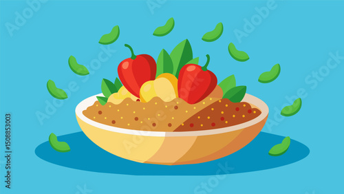 A savory quinoa dish made with locallygrown tomatoes and bell peppers evoking the rich Ecuadorian soil and celebrating its bountiful harvests.. Vector illustration