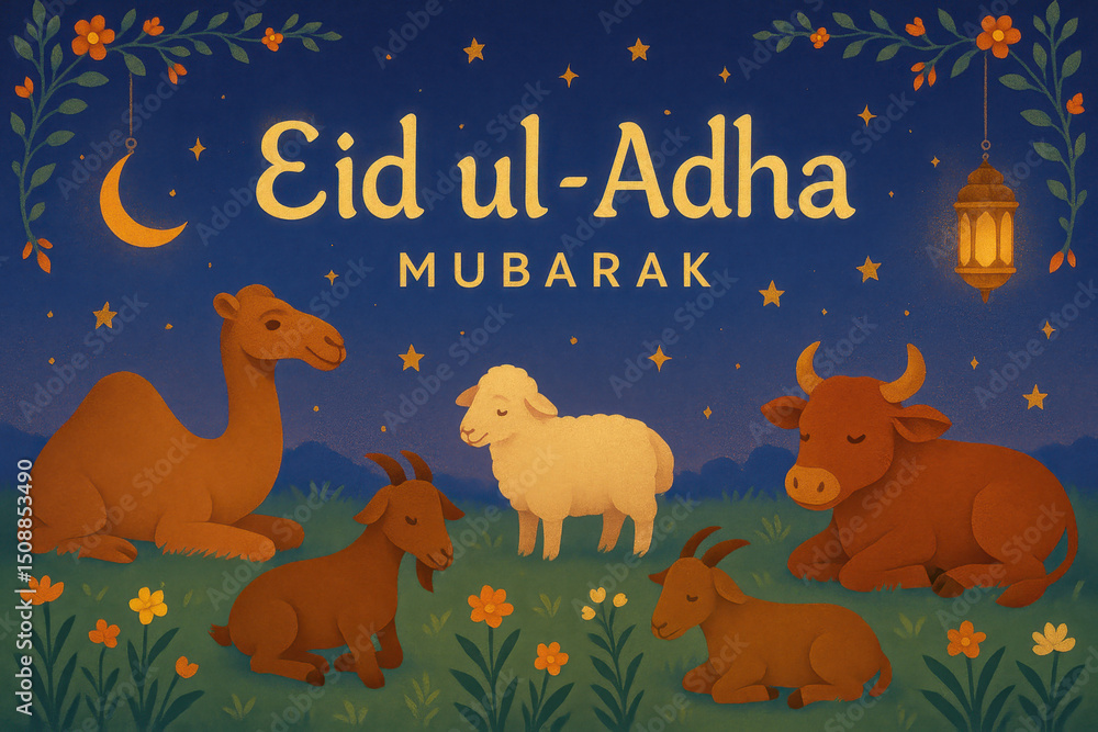 Fototapeta premium Eid ul Adha 2025 Greeting Cards with Sheep, Lanterns, and Islamic Motifs