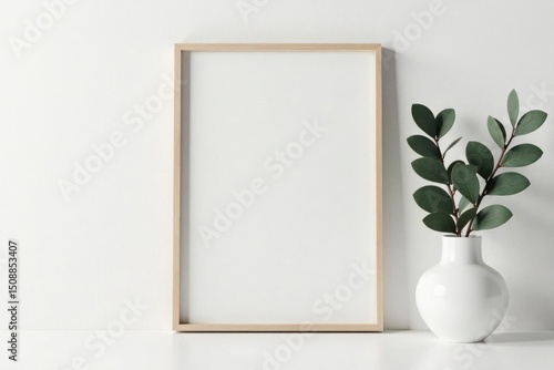 White wall, landscape frame mockup, eucalyptus in vase, artwork print , serene, visual