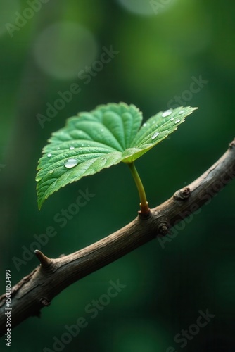 Single, dew-kissed leaf extending from a gnarled, aged branch , macro, stock