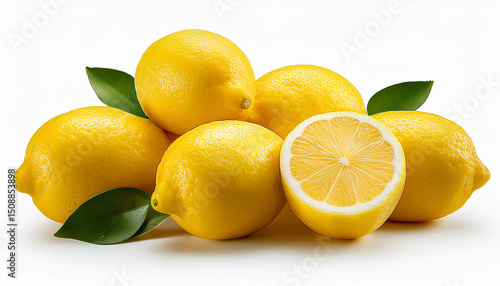 pile of fresh whole lemons with cut pieces isolated on transparent background