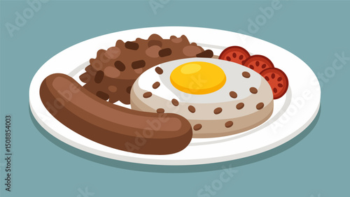 A satisfying start to the day with a hearty portion of gallo pinto flad with a touch of cumin and served alongside a juicy pork sausage.. Vector illustration