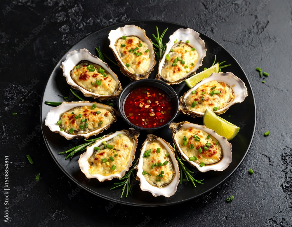 Baked oysters on a black plate with a spicy dipping sauce and lime wedges Baked oysters on a black plate with a spicy dipping sauce and lime wedges