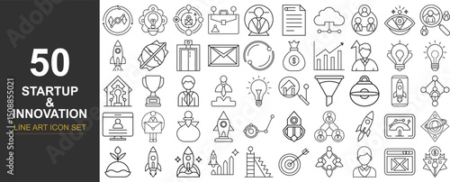 50 Minimal Line Art Vector Icons Representing Startup, Innovation, and Business Development Concepts Including Pitching, Product Launches, Growth Strategy, and Creative Ideas for Modern Digital Use