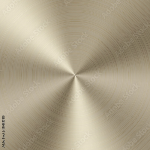 Holographic radial metal finish. Beige color effect circle gradient. Brushed metallic surface texture. Steel silver chrome background. Disk circular scratched foil plate. Solid polished brass sheet