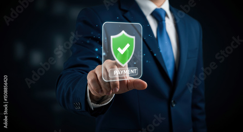 Wallpaper Mural Secure Payment: Businessman in suit ensuring safe transaction with a touch screen shield confirming online banking protection. Torontodigital.ca