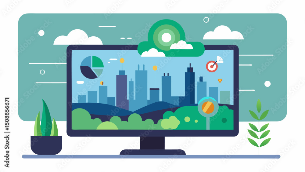Obraz premium A digital screen displaying realtime air quality data illustrating how sustainable urban air mobility solutions contribute to a cleaner and healthier environment.. Vector illustration