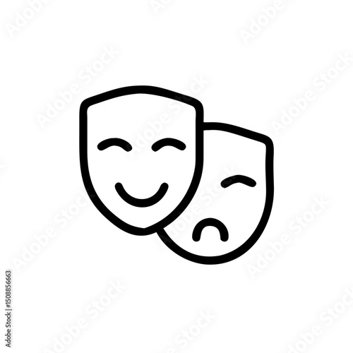 Two theatrical masks representing joy and sorrow in simple line art  
