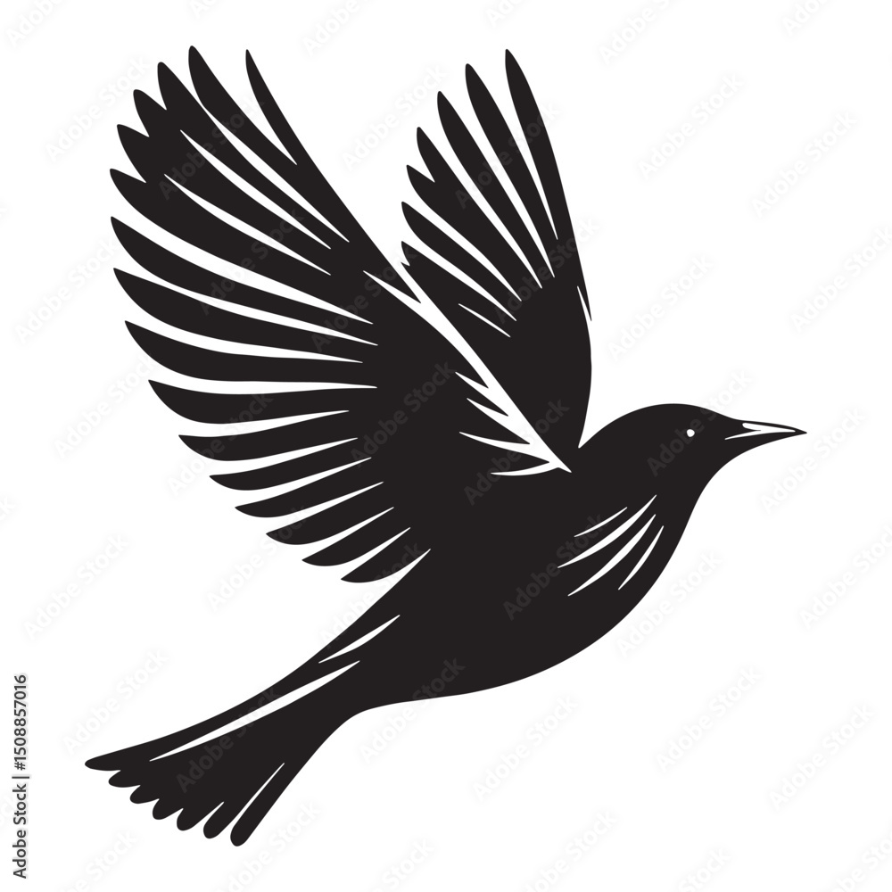 Fototapeta premium Soaring Starling silhouette mid-flight – Starling illustration – Minimalist Starling vector – Bird silhouette